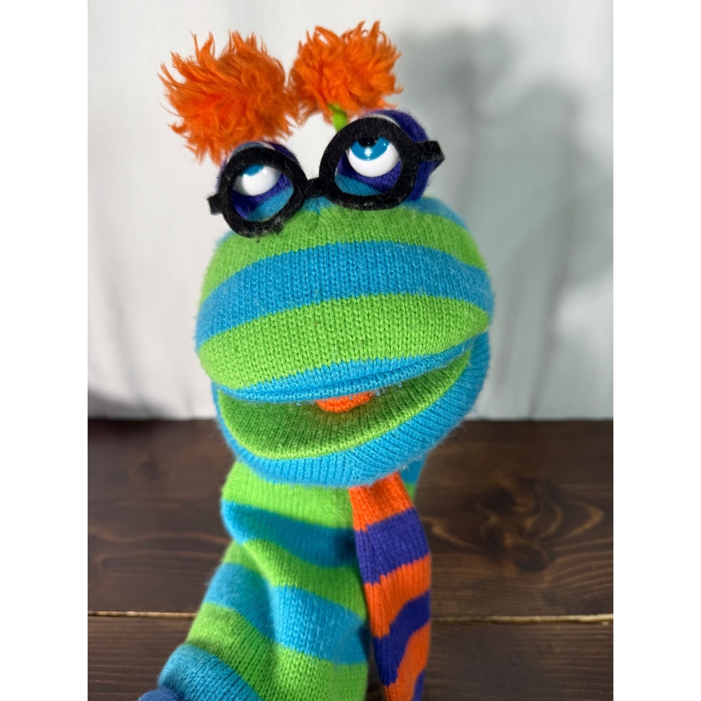 The Puppet Company Knitted Sock Puppet Blue Green Stripes Glasses Squeaker